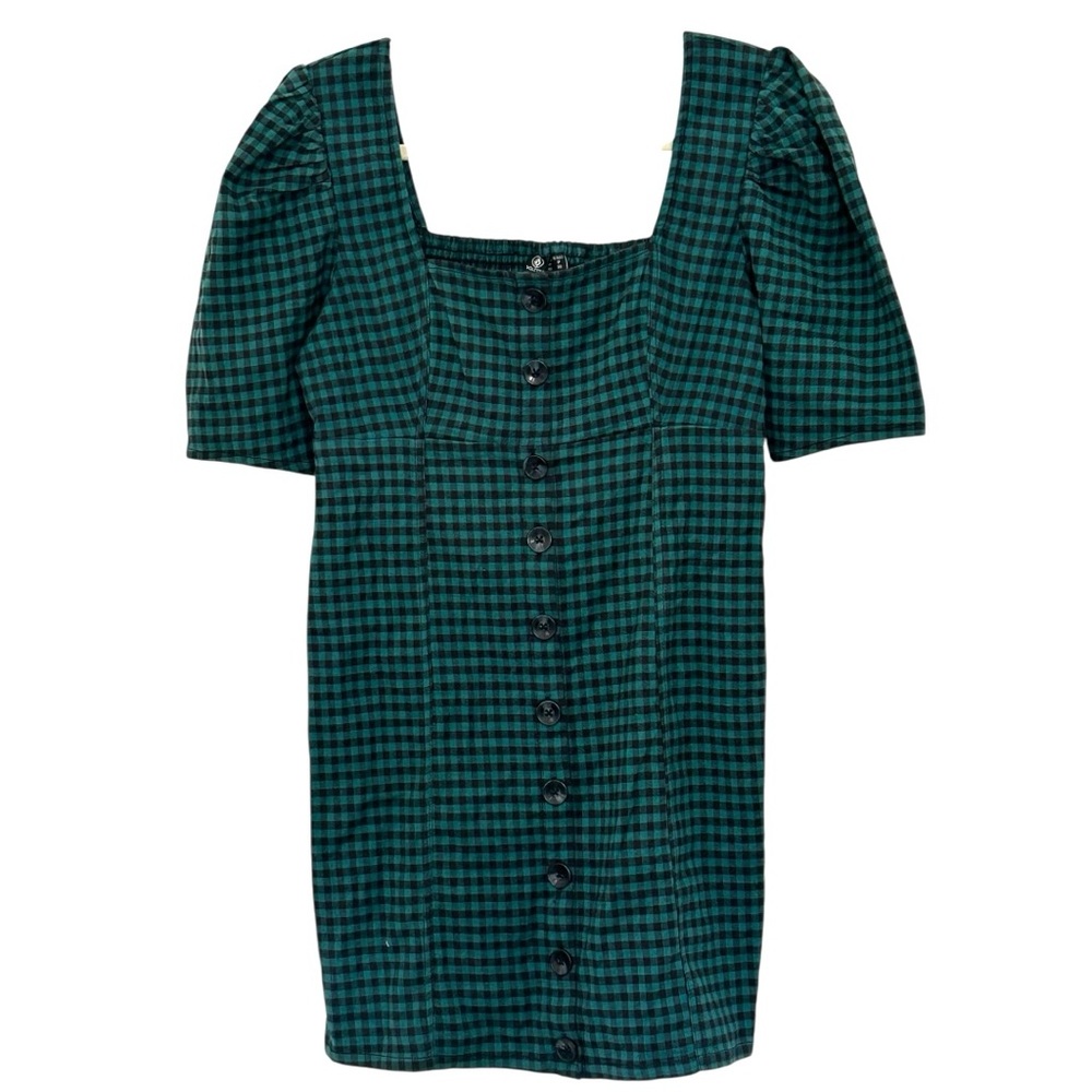 Volcom Women’s Green Plaid Short Puff Sleeve Mini Dress ‎ Sz S